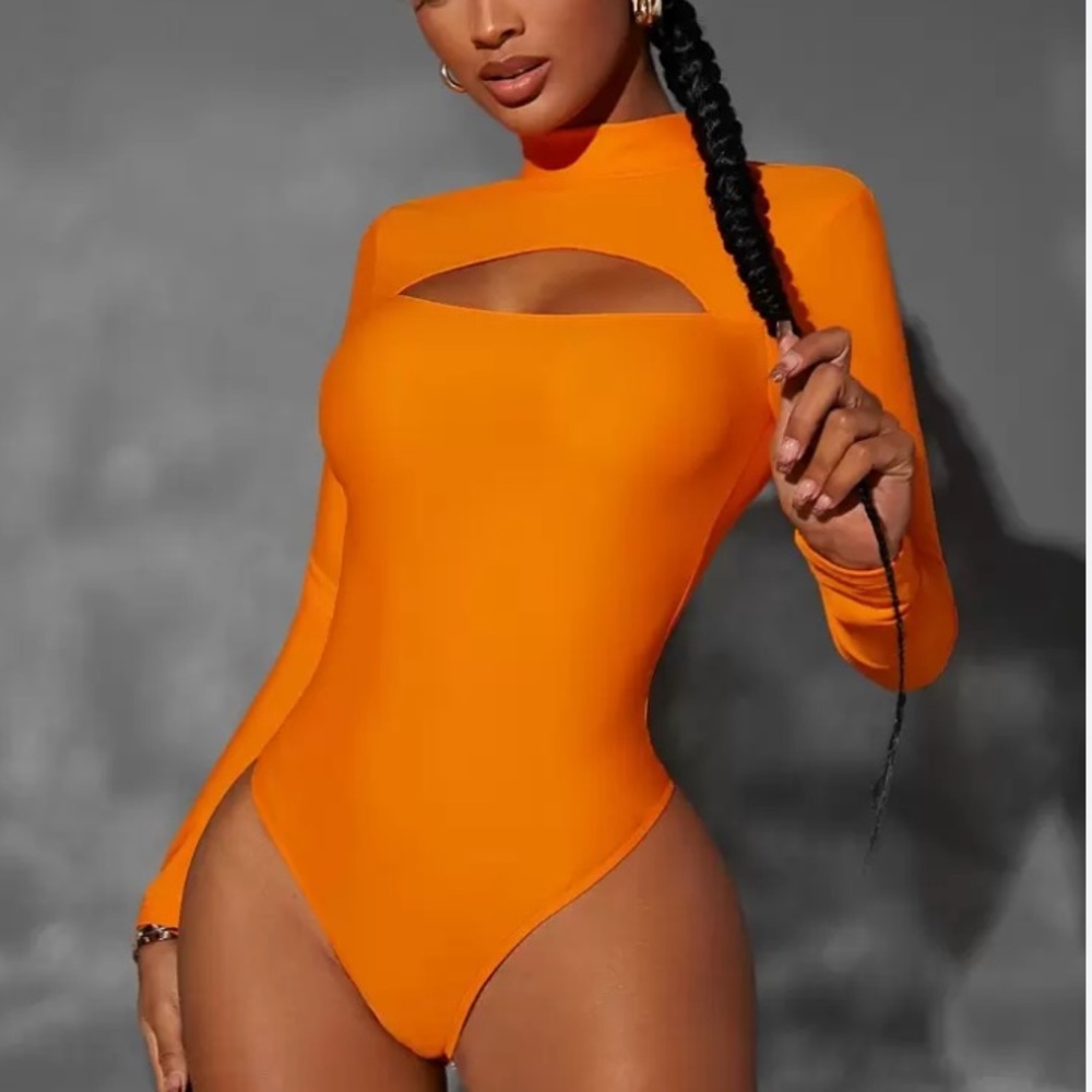 NEW - SHEIN SXY Neon Orange Mock Neck Cut Out Bodysuit | XS